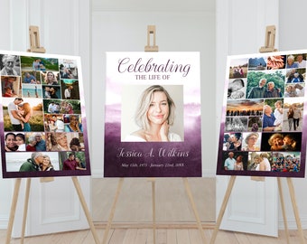 Funeral Collage Purple Watercolor Poster Set | Memorial Poster for Funeral | Photo Collage Template | Celebration of Life Sign E118