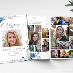 Editable  8 Page Funeral Program Template | Navy Blue Funeral Celebration of Life Program | Blue Roses Obituary Template | C110