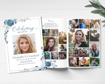 Editable 8 Page Funeral Program Template | Navy Blue Funeral Celebration of Life Program | Blue Roses Obituary Template | C110