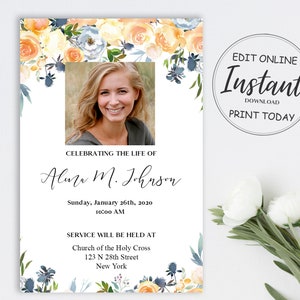 Puede incluir: Anuncio conmemorativo con foto de mujer, rodeado de arreglos florales en acuarela en tonos amarillos, azules y verdes. El texto dice "Celebrando la vida de Aluza M. Johnson" con detalles del servicio y "Edit Online Instant Download Print Today."