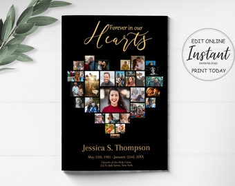 Editable Funeral Program Template | Black and Gold Obituary Template |  Celebration of Life | Memorial Program | C117
