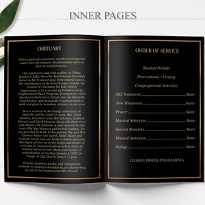 May include: Black and gold funeral program template with the words "Obituary" and "Order of Service" at the top of each page. The text includes information about the deceased and the order of the funeral service.