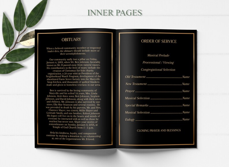May include: Black and gold funeral program template with the words "Obituary" and "Order of Service" at the top of each page. The text includes information about the deceased and the order of the funeral service.