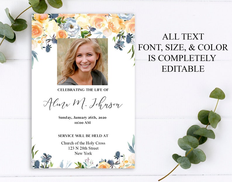Puede incluir: Un anuncio conmemorativo con una foto de una mujer, adornos florales y texto. El texto dice "Celebrando la vida de Aluma M. Johnson" con detalles del servicio. Tambi&eacute;n est&aacute; presente el texto "TODO EL TEXTO, LA FUENTE, EL TAMA&Ntilde;O Y EL COLOR SON COMPLETAMENTE EDITABLES".