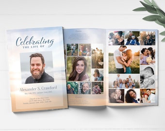 Editable  Funeral Program Template  | Blue Ocean Obituary Template | Beach Funeral Celebration of Life Program |  E111