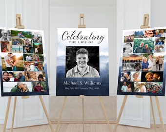 Set di poster acquerello blu collage funebre / poster commemorativo per funerale / modello collage fotografico / segno celebrazione della vita E117