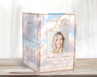Clouds Funeral Program Template  | Pink Sky Clouds Obituary Template | Celebration of Life Memorial Template | C150