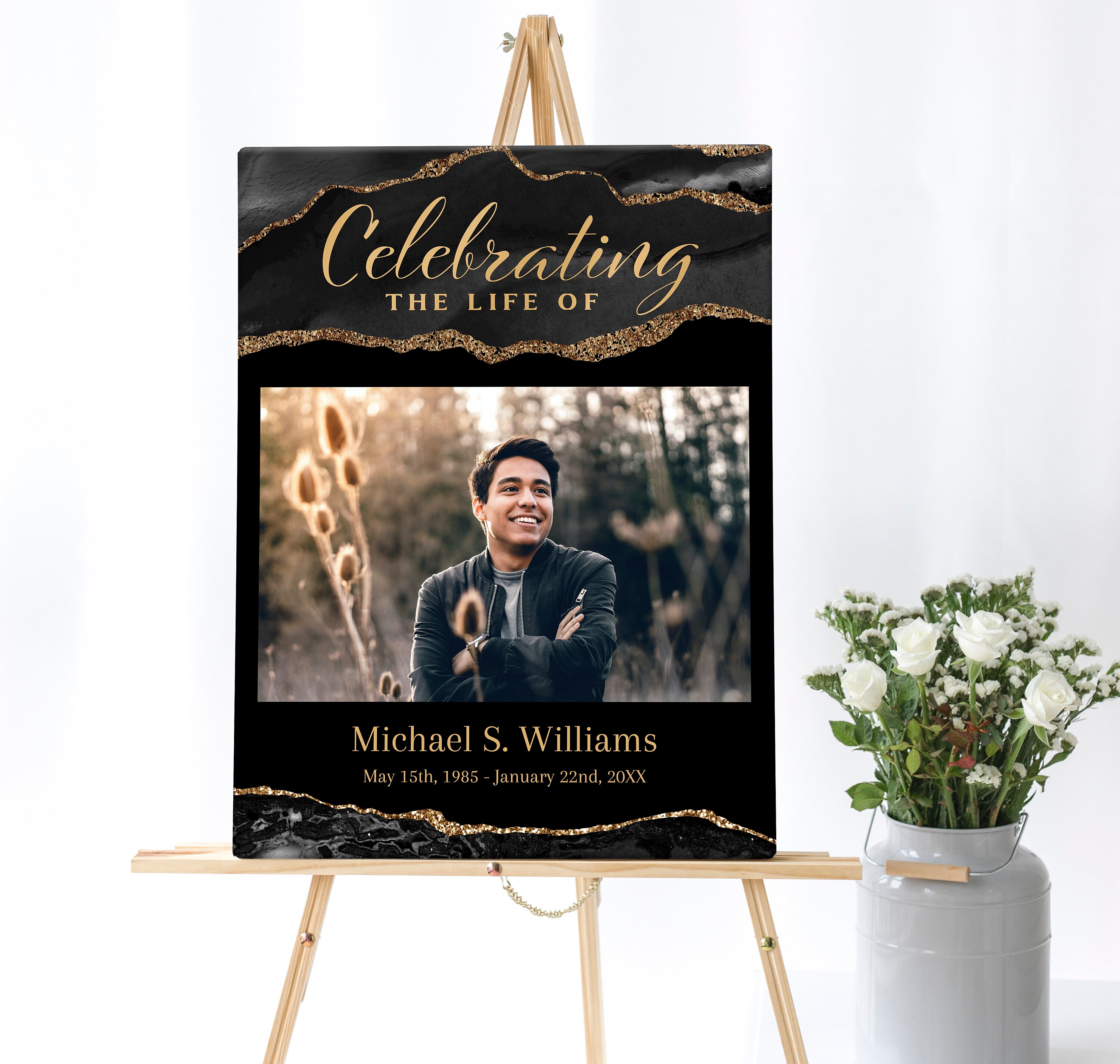 Black and Gold Agate Editable Funeral Welcome Sign | Simple Funeral Poster Photo Sign | Celebration of Life Sign | Memorial Poster | C117