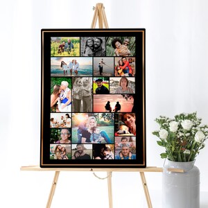 Celebrating the life of the funeral poster with a photo collage of several photos on a black background poster with a golden border. The poster board is sitting atop an easel next to a vase of flowers.