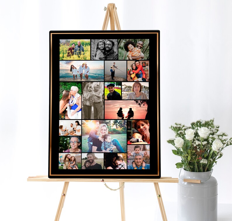 Celebrating the life of the funeral poster with a photo collage of several photos on a black background poster with a golden border. The poster board is sitting atop an easel next to a vase of flowers.