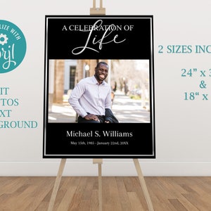 Op de afbeelding: Een zwart-witte gedenkposter met een foto van een man in een wit overhemd en een zwart jack. De poster luidt "Een viering van het leven" en bevat de naam "Michael S. Williams" en de data "15 mei 1985 - 22 januari 20XX". De poster is verkrijgbaar in twee formaten: 61 cm x 91 cm en 46 cm x 61 cm.