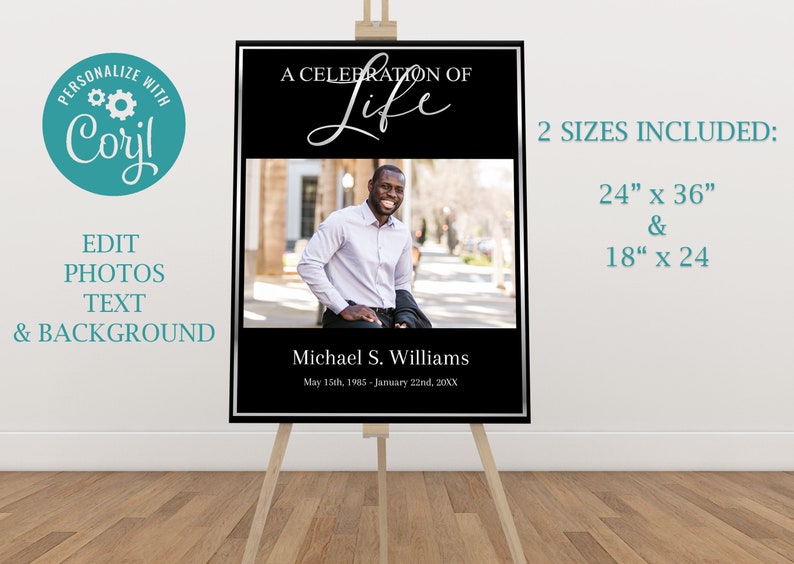 Op de afbeelding: Een zwart-witte gedenkposter met een foto van een man in een wit overhemd en een zwart jack. De poster luidt "Een viering van het leven" en bevat de naam "Michael S. Williams" en de data "15 mei 1985 - 22 januari 20XX". De poster is verkrijgbaar in twee formaten: 61 cm x 91 cm en 46 cm x 61 cm.