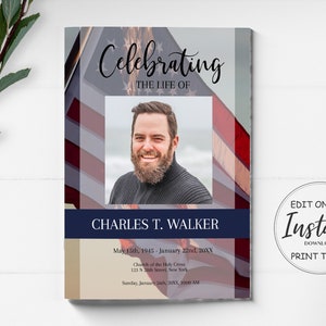 8 Page Funeral Program Template | Obituary Template | Celebration of Life Program | Memorial Service | American Flag Funeral Program |  A114