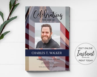 8 Page Funeral Program Template | Obituary Template | Celebration of Life Program | Memorial Service | American Flag Funeral Program |  A114