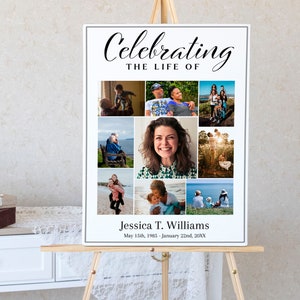 This is a funeral poster, funeral welcome poster, in loving memory poster, or celebration of life poster. It is editable and downloadable. This funeral photo display comes in several sizes. We have other memorial service templates available.