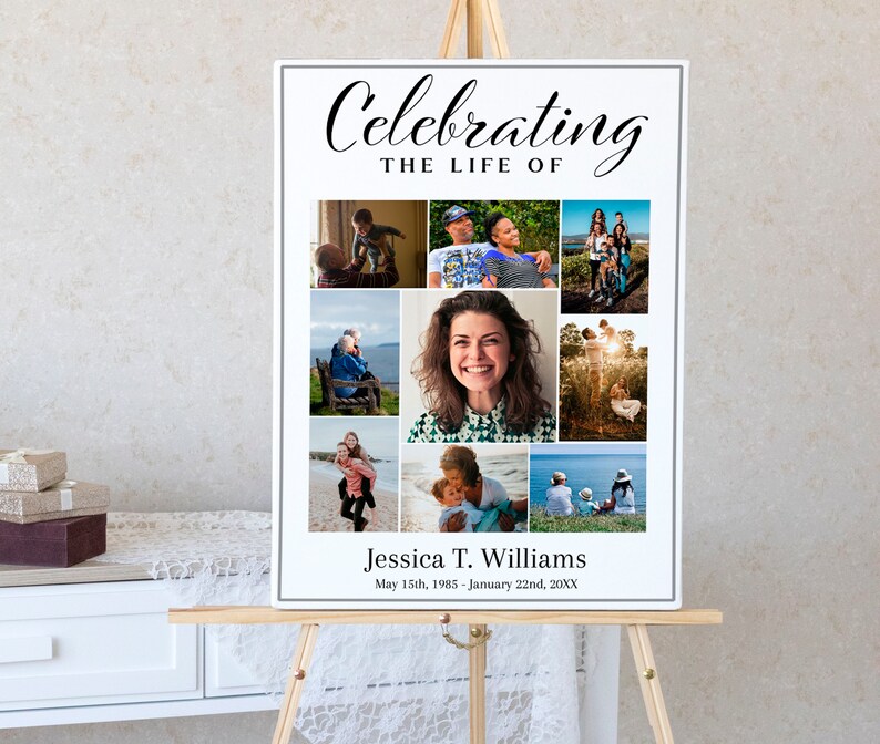 This is a funeral poster, funeral welcome poster, in loving memory poster, or celebration of life poster. It is editable and downloadable. This funeral photo display comes in several sizes. We have other memorial service templates available.