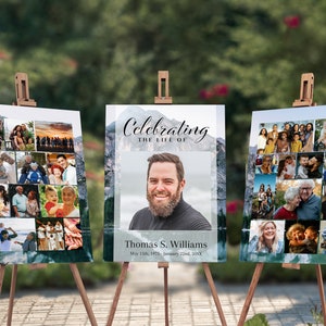 Funeral Photo Collage Sign Set Template |  Forest Memorial Posterl | Outdoors Funeral Welcome Sign | Nature Celebration of Life Sign | A110