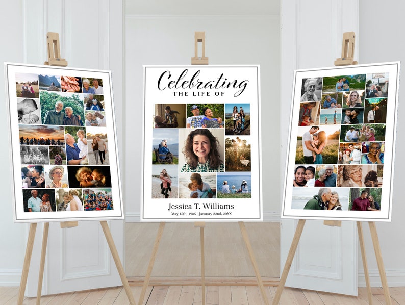 This is a funeral poster, funeral welcome poster, in loving memory poster, or celebration of life poster. It is editable and downloadable. This funeral photo display comes in several sizes. We have other memorial service templates available.