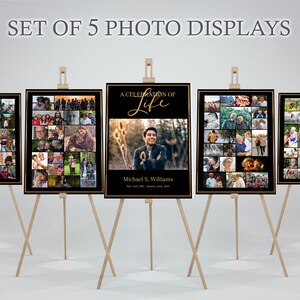 A multitude of memorial posters sits staggered in a triangle shape. Each poster has a black background with a golden border around the edge. The center poster has a single photo with text honoring the deceased. The outer posters have photo collages.