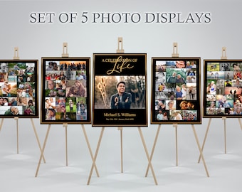 Funeral Photo Collage Sign Set Template | Black and Gold Memorial Posterl | Funeral Welcome Sign | Celebration of Life Sign |