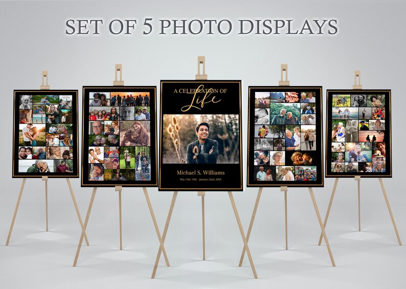 A multitude of memorial posters sits staggered in a triangle shape. Each poster has a black background with a golden border around the edge. The center poster has a single photo with text honoring the deceased. The outer posters have photo collages.