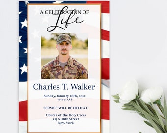 Puede incluir: Un anuncio conmemorativo con un diseño de la bandera estadounidense. El texto dice "A Celebration of Life" sobre una foto de un hombre uniformado. El anuncio incluye el nombre "Charles T. Walker", detalles del servicio y la dirección de la iglesia.