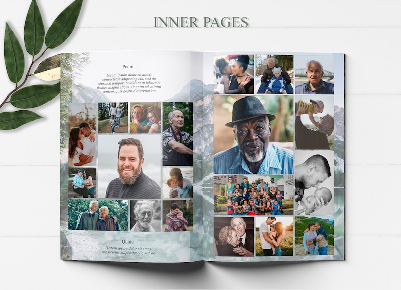 blue mountain lake funeral program template, blue obituary template with photo collage, 8 page funeral program template, editable funeral program template, celebration of life template, order of service, editable obituary template, in loving memory,
