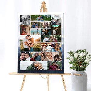 May include: A collage of family photos printed on a canvas with a blue and white ombre background. The photos show a variety of people, including couples, families, and individuals. The canvas is displayed on an easel.
