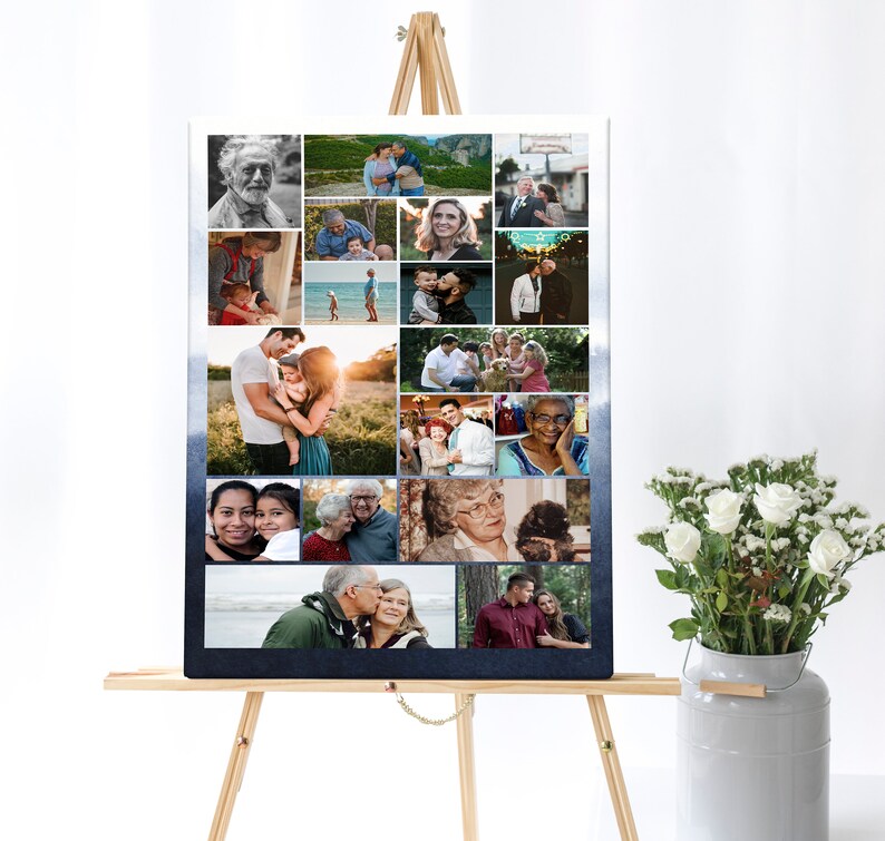 May include: A collage of family photos printed on a canvas with a blue and white ombre background. The photos show a variety of people, including couples, families, and individuals. The canvas is displayed on an easel.