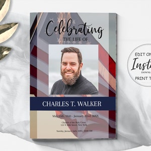 American Flag Funeral Program Template | Military Obituary Template | American Flag Veteran Memorial Program | A114