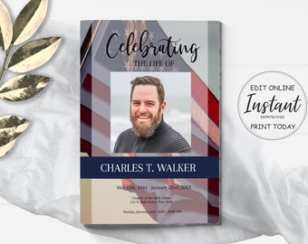 American Flag Funeral Program Template | Military Obituary Template | American Flag Veteran Memorial Program | A114