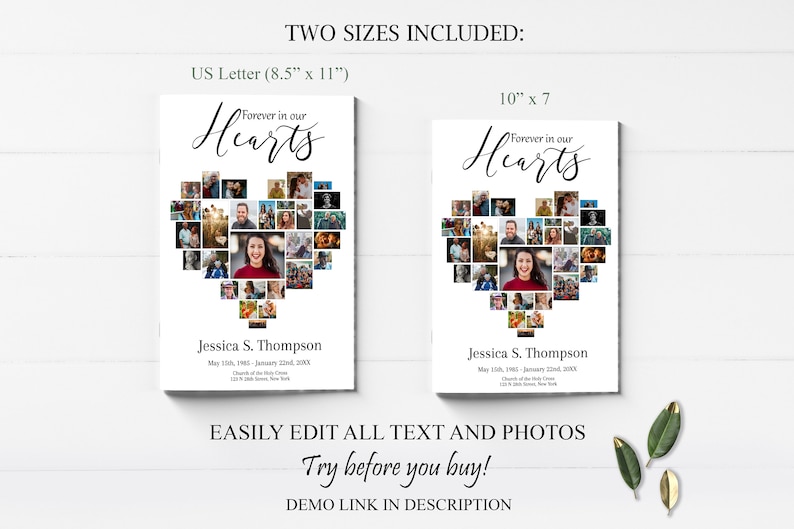 Heart Collage Funeral Program Template Obituary Template Etsy Canada