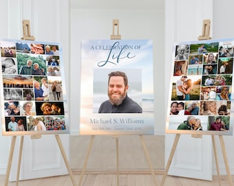 Collage funebre Set di poster con cielo blu e nuvole / Poster commemorativo del paradiso per funerale / Modello di collage fotografico / Segno di celebrazione della vita E111