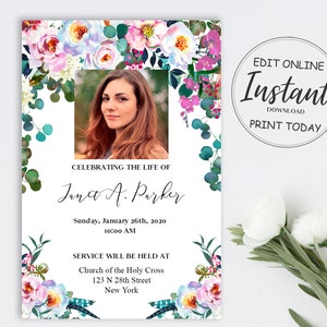 May include: A printable memorial service announcement with a floral border and a photo of a woman. The text reads "Celebrating the life of Janet A. Parker, Sunday, January 26th, 2020, 10:00 AM, Service will be held at Church of the Holy Cross, 123 N 28th Street, New York."
