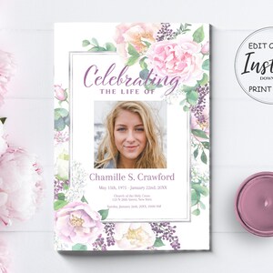 Editable  Funeral Program Template for Woman | Obituary Template | Pink Floral Celebration of Life Program | A101