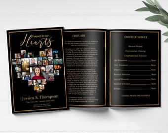 Heart Collage Funeral Program Template |  Editable Black and Gold Funeral Program | Celebration of Life | 8 Page Memorial Program C117
