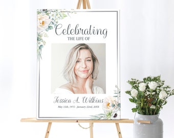White Roses Funeral Poster | Pink Floral Memorial Poster |  Celebration of Life Photo Display | Editable Funeral Sign Template | E112