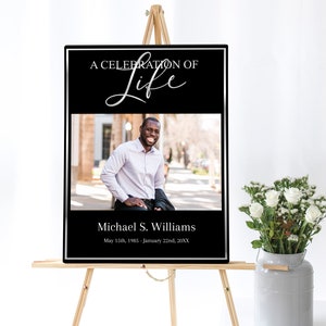 Op de afbeelding: Een zwart-witte gedenkposter met een foto van een man. De poster luidt "A Celebration of Life" en "Michael S. Williams" met de data "May 15th, 1985 - January 22nd, 20XX".