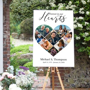 May include: A white memorial sign with a heart-shaped photo collage of a family. The text "Forever in our Hearts" is at the top of the sign. The name "Michael S. Thompson" and the dates "April 15, 1975 - January 23, 20XX" are at the bottom of the sign.