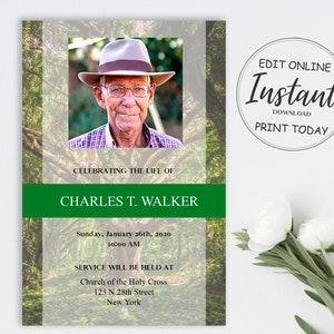 May include: A memorial announcement featuring a photograph of a man wearing glasses and a hat. The text reads "Celebrating the Life of Charles T. Walker." Additional text includes the date, time, and location of the service, along with the words "Edit Online, Instant Download, Print Today."