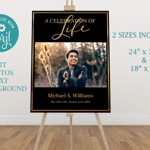 K&ouml;nnte beinhalten: Ein schwarzes und goldenes Trauerplakat mit einem Foto eines Mannes, dem Text "A Celebration of Life" und dem Namen "Michael S. Williams" mit Geburts- und Todesdatum. Das Plakat steht auf einem Staffelei und ist in zwei Gr&ouml;&szlig;en erh&auml;ltlich: 61 cm x 91 cm und 46 cm x 61 cm.