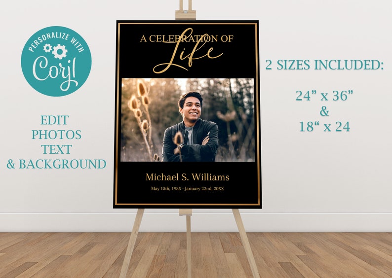 K&ouml;nnte beinhalten: Ein schwarzes und goldenes Trauerplakat mit einem Foto eines Mannes, dem Text "A Celebration of Life" und dem Namen "Michael S. Williams" mit Geburts- und Todesdatum. Das Plakat steht auf einem Staffelei und ist in zwei Gr&ouml;&szlig;en erh&auml;ltlich: 61 cm x 91 cm und 46 cm x 61 cm.