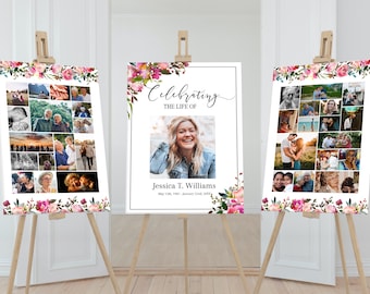 Könnte beinhalten: Drei weiße Poster mit floralen Rändern und einer Fotocollage auf jedem. Das mittlere Poster trägt den Text "Celebrating the Life of Jessica T. Williams May 13th, 1981 - January 22nd, 2023" und ein Foto einer lächelnden Frau.