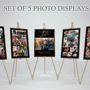 A multitude of memorial posters sits staggered in a U shape. Each poster has a black background with a golden border around the edge. The center poster has a single photo with text honoring the deceased. The outer posters have photo collages.