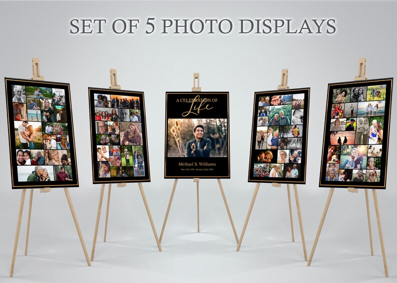 A multitude of memorial posters sits staggered in a U shape. Each poster has a black background with a golden border around the edge. The center poster has a single photo with text honoring the deceased. The outer posters have photo collages.