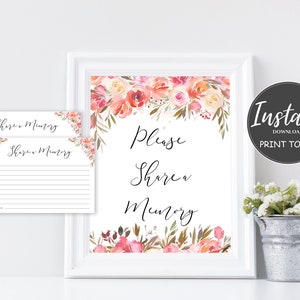 Share a Memory Sign and Cards for Funeral | Memorial Keepsake | Celebration of Life Favors | Pink Floral | A104