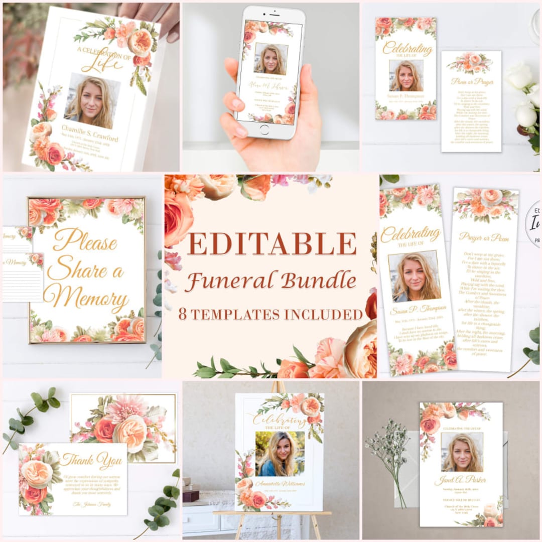 Peach Floral Funeral Bundle | Pink Floral Celebration of Life Templates ...