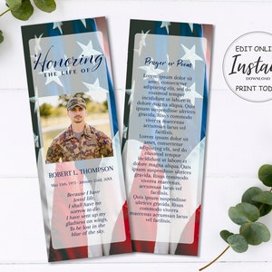 American Flag Military Funeral Bookmarks | Veteran Funeral Keepsake | Celebration of Life | Funeral Favors | B180