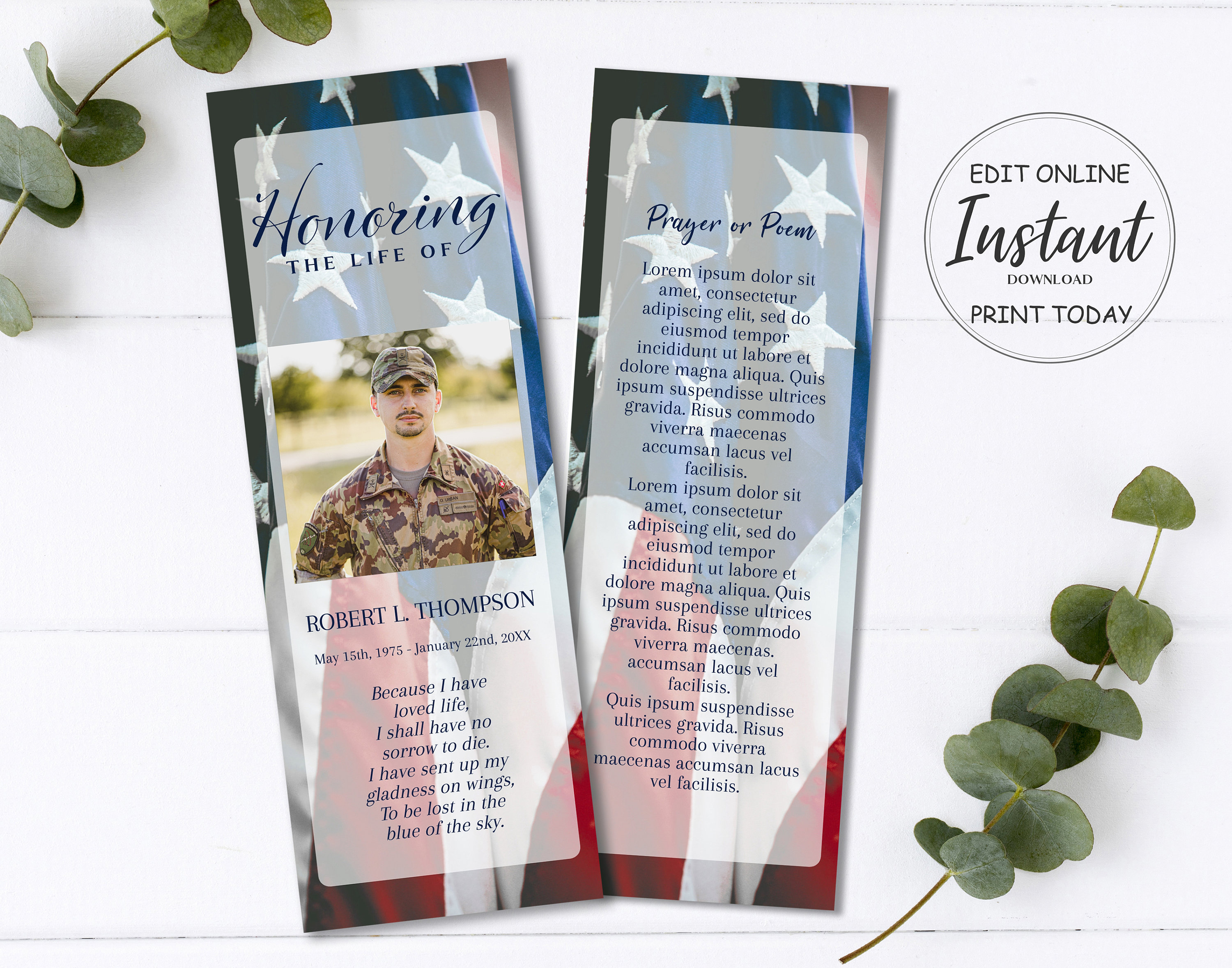 American Flag Military Funeral Bookmarks | Veteran Funeral Keepsake | Celebration of Life | Funeral Favors | B180