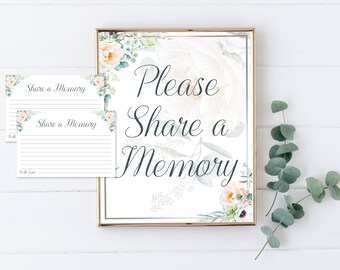 Share a Memory Sign and Cards for Funeral | White Roses Memorial Keepsake | White Floral Celebration of Life Favors | E112